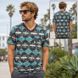 Free Planet Aztec Southwest Pocket V-Neck T-Shirt Men's Medium Gray Blue
